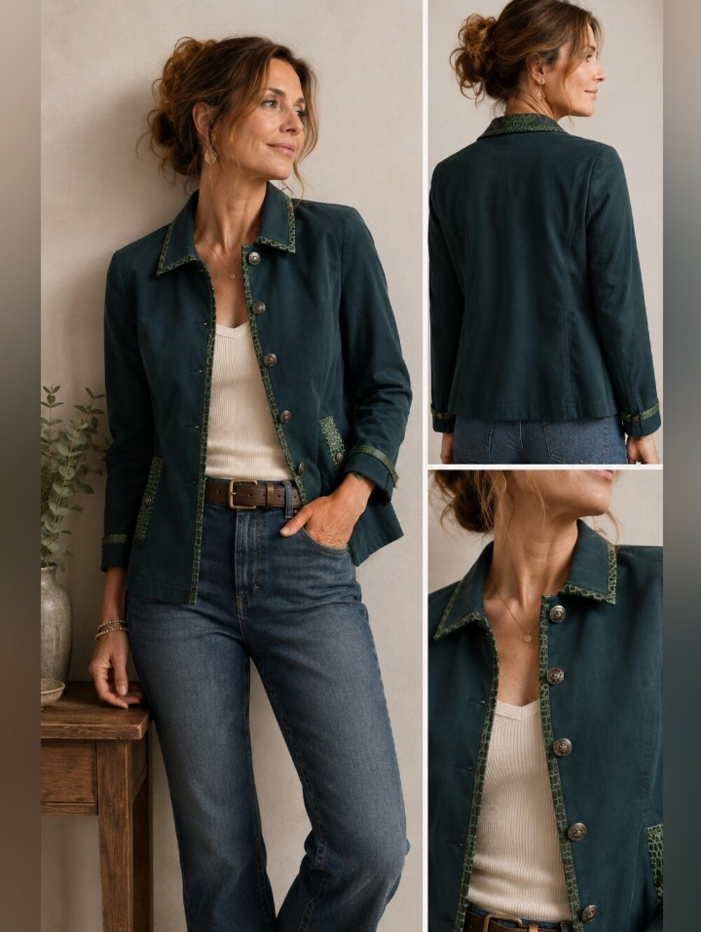 St. John's Women's Forest Green Button-Up Jacket with Trim